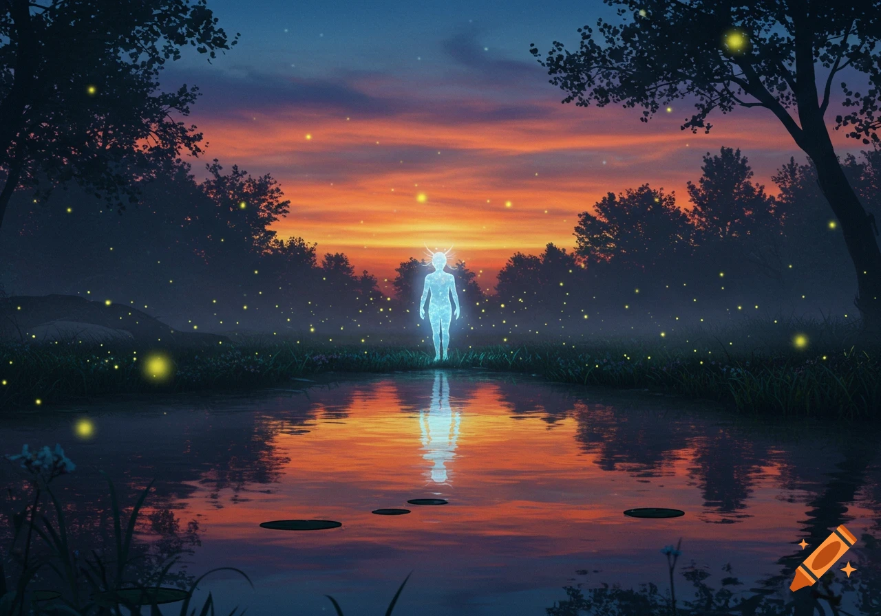 A glowing, ethereal figure stands in a misty forest by a pond reflecting a vibrant sunset, surrounded by fireflies.