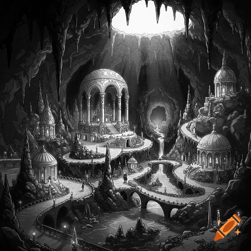 Black and white illustration of an elaborate fantasy city built inside a huge cave with ornate architecture, bridges, and rivers.