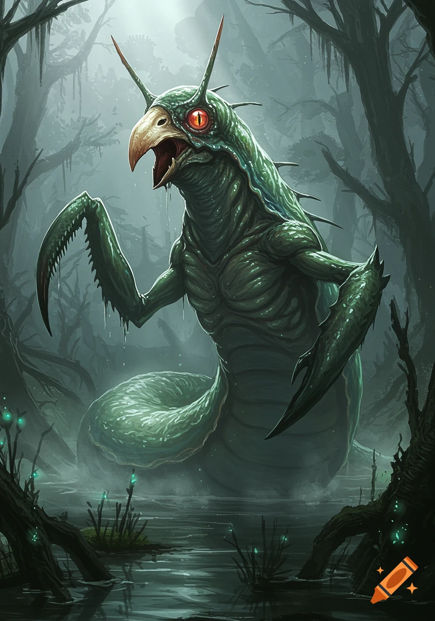 A large green monster with a bird-like beak, red eye, and mantis claws stands in a dark, misty swamp.