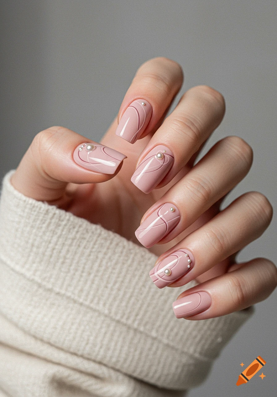 Close-up of a hand with pink manicured nails featuring abstract lines and small pearls, with a beige sweater sleeve.