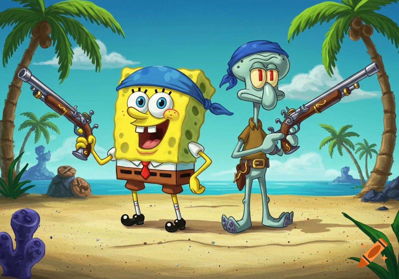 SpongeBob and Squidward in blue bandanas, dressed as pirates, hold pistols on a sandy beach with palm trees.
