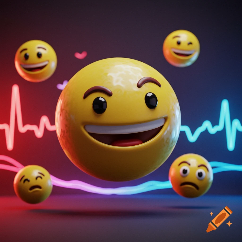 Several 3D emojis, including happy, winking, and sad faces, float on a dark background with glowing red and blue wavy lines.