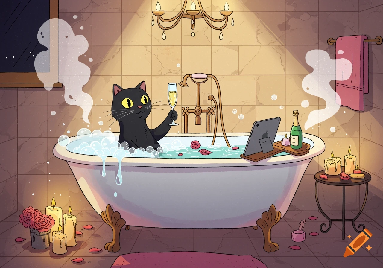 A black cartoon cat relaxes in a bubble bath with rose petals, holding a glass of champagne, and watching an iPad.