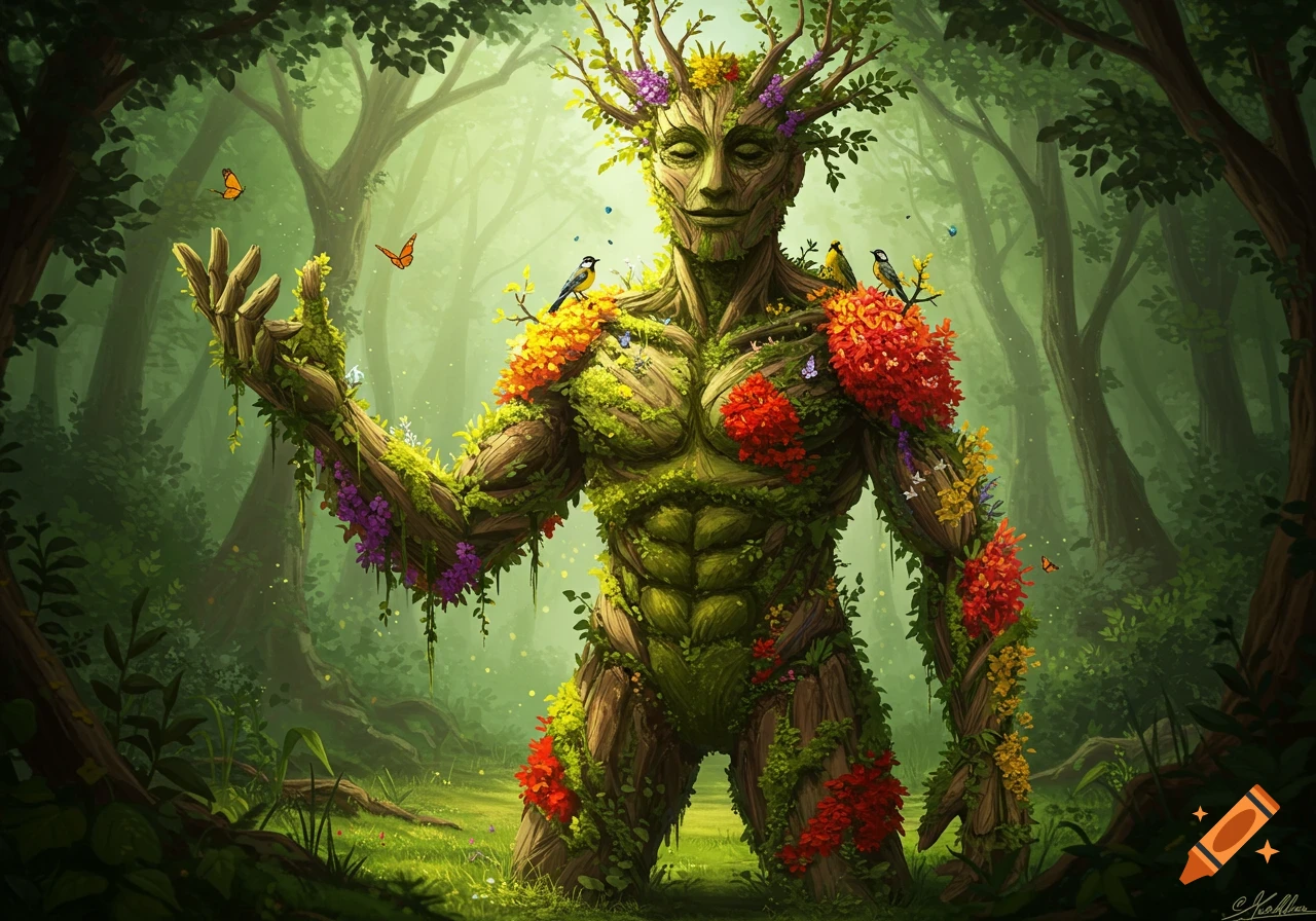 A majestic treant-like being made of wood, moss, and vibrant flowers stands in a lush, magical forest with butterflies and birds.