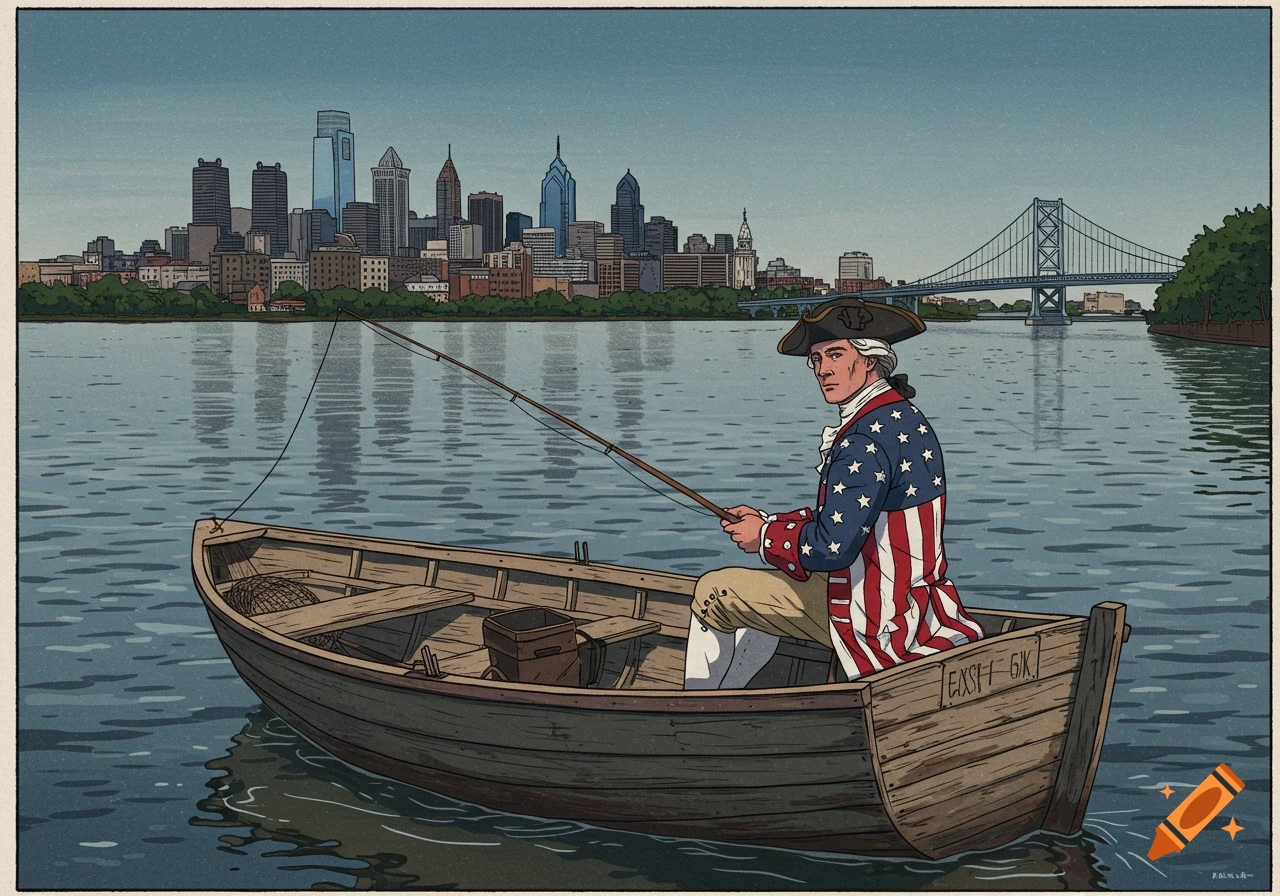 An illustration of a colonial man in an American flag-themed coat fishing from a wooden boat on a river, with the Philadelphia skyline and Ben Franklin Bridge in the background.