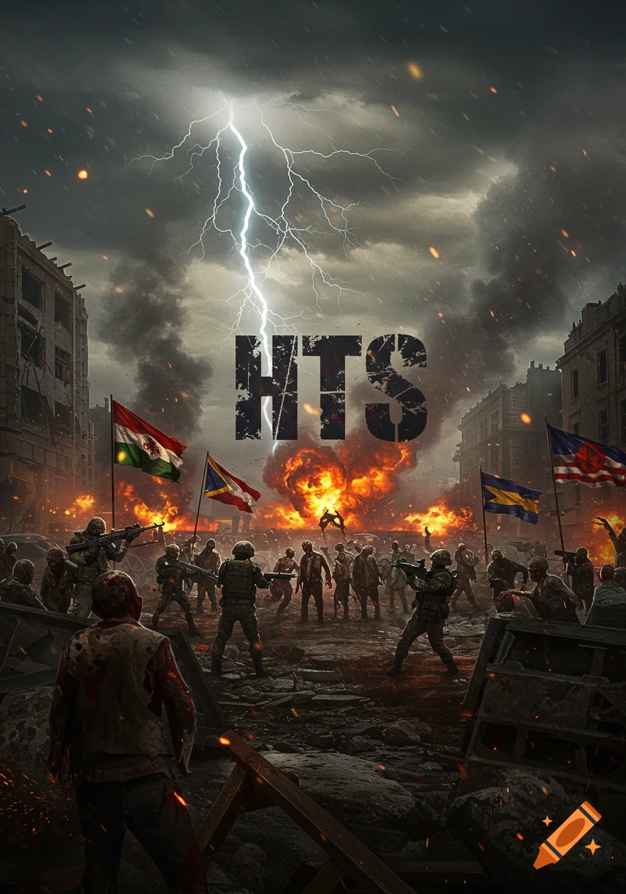 Soldiers and zombies battle in a destroyed city under lightning and explosions, with flags and 'HTS' text.