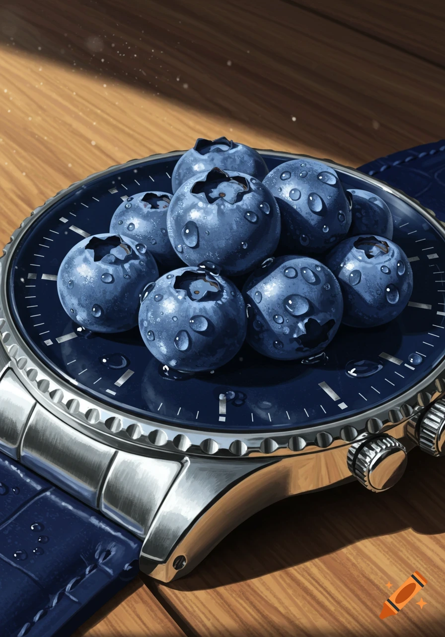 A close-up of fresh, wet blueberries on the dark blue face of a silver watch with a blue strap, resting on wood.