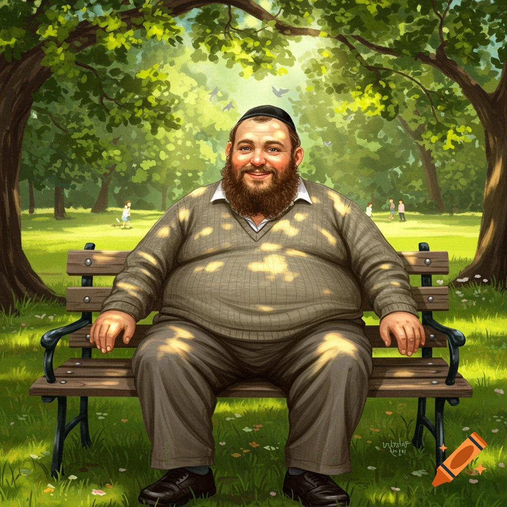 A smiling, bearded man wearing a kippah and sweater sits on a park bench under dappled sunlight, with trees and people in the background, in an illustrative style.