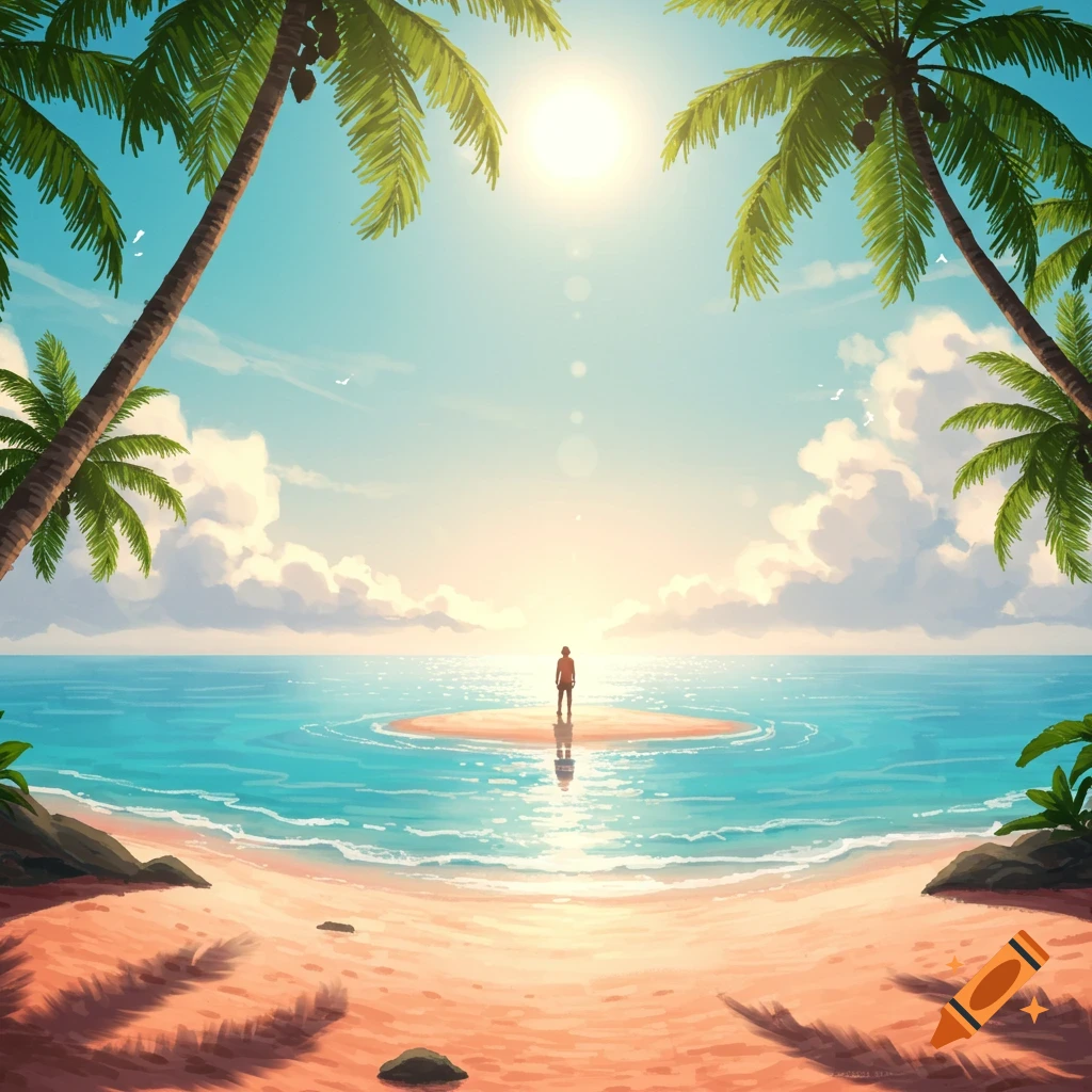 A stylized illustration of a person standing on a small island in a blue ocean, viewed from a sandy beach framed by palm trees under a bright sun.
