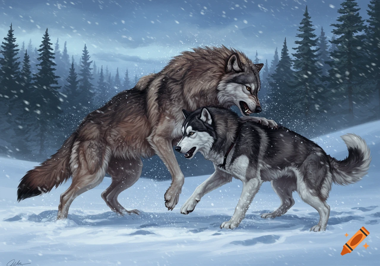 Two wolves battle in a snowy forest, depicted in a detailed illustration.