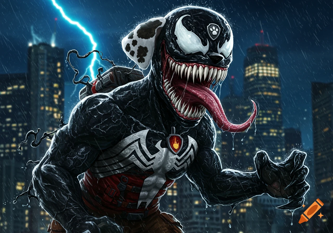 A black, muscular Venom-like creature with dalmatian spots and a paw print symbol, sharp teeth, and long tongue, in a rainy cityscape at night with lightning.