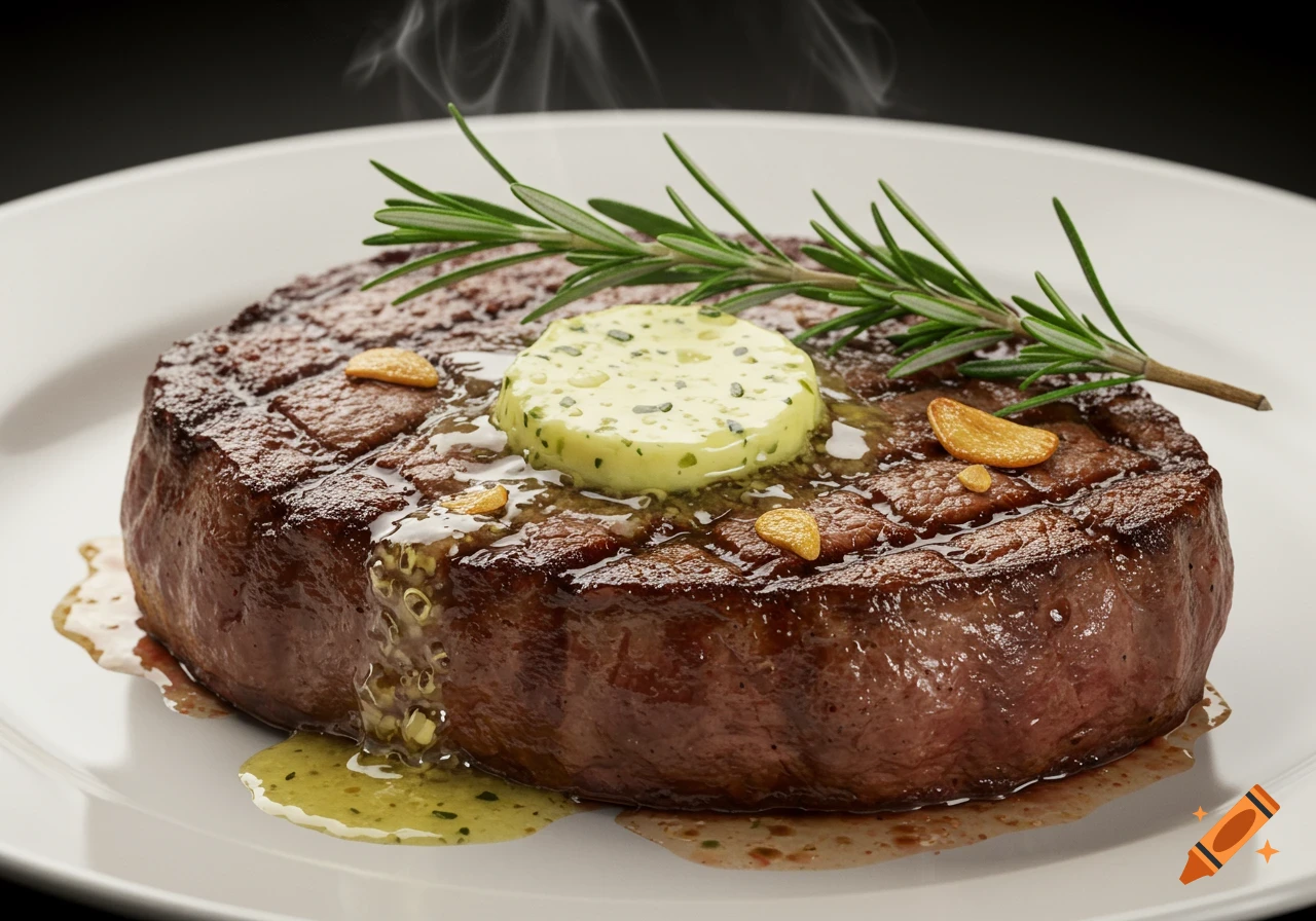Photorealistic medium-well steak with melting garlic butter and rosemary on a white plate, steam rising.