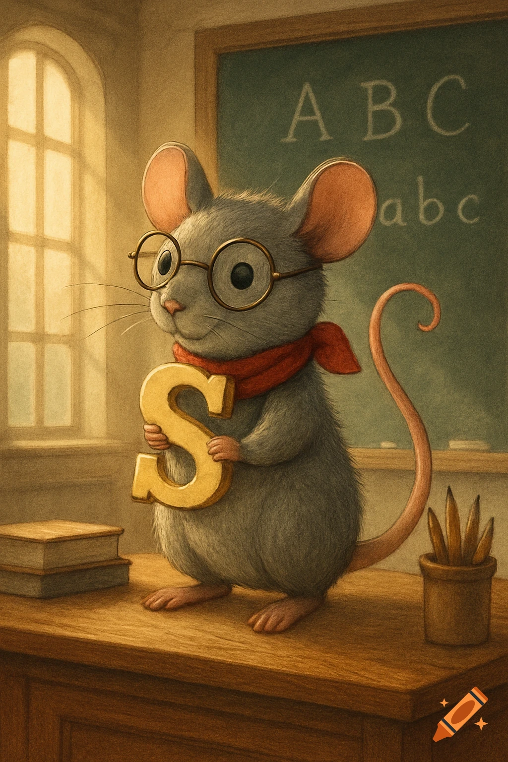 A cute, illustrated gray mouse wearing glasses and a red scarf stands on a desk in a classroom, holding a golden letter S.