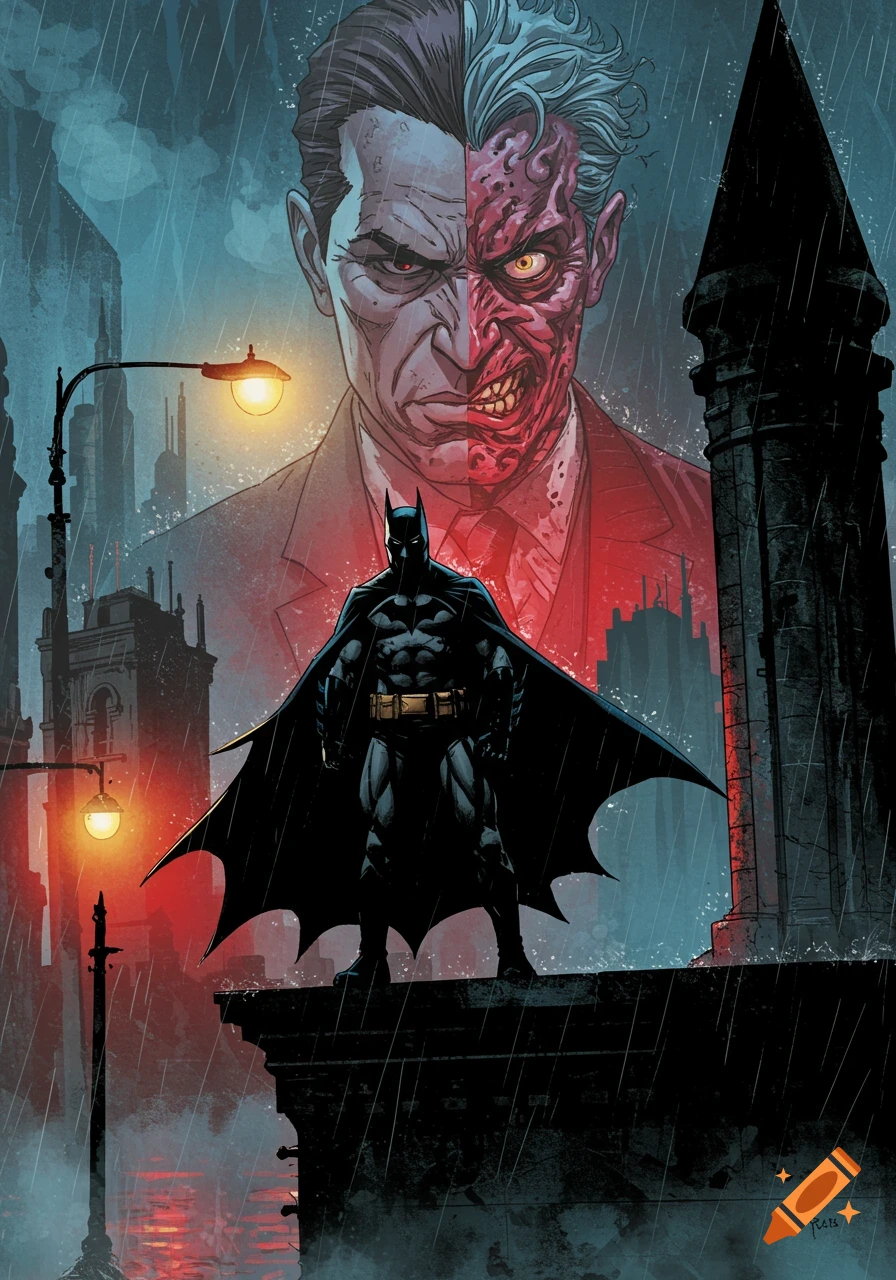 Batman stands on a rainy Gotham rooftop with a looming image of Two-Face behind him, in a dark comic book art style.