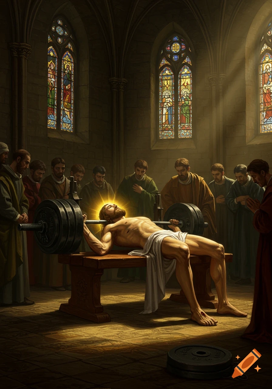 Jesus bench presses a barbell in a dramatic Renaissance oil painting style, surrounded by disciples in a Gothic cathedral with stained glass windows and golden light.
