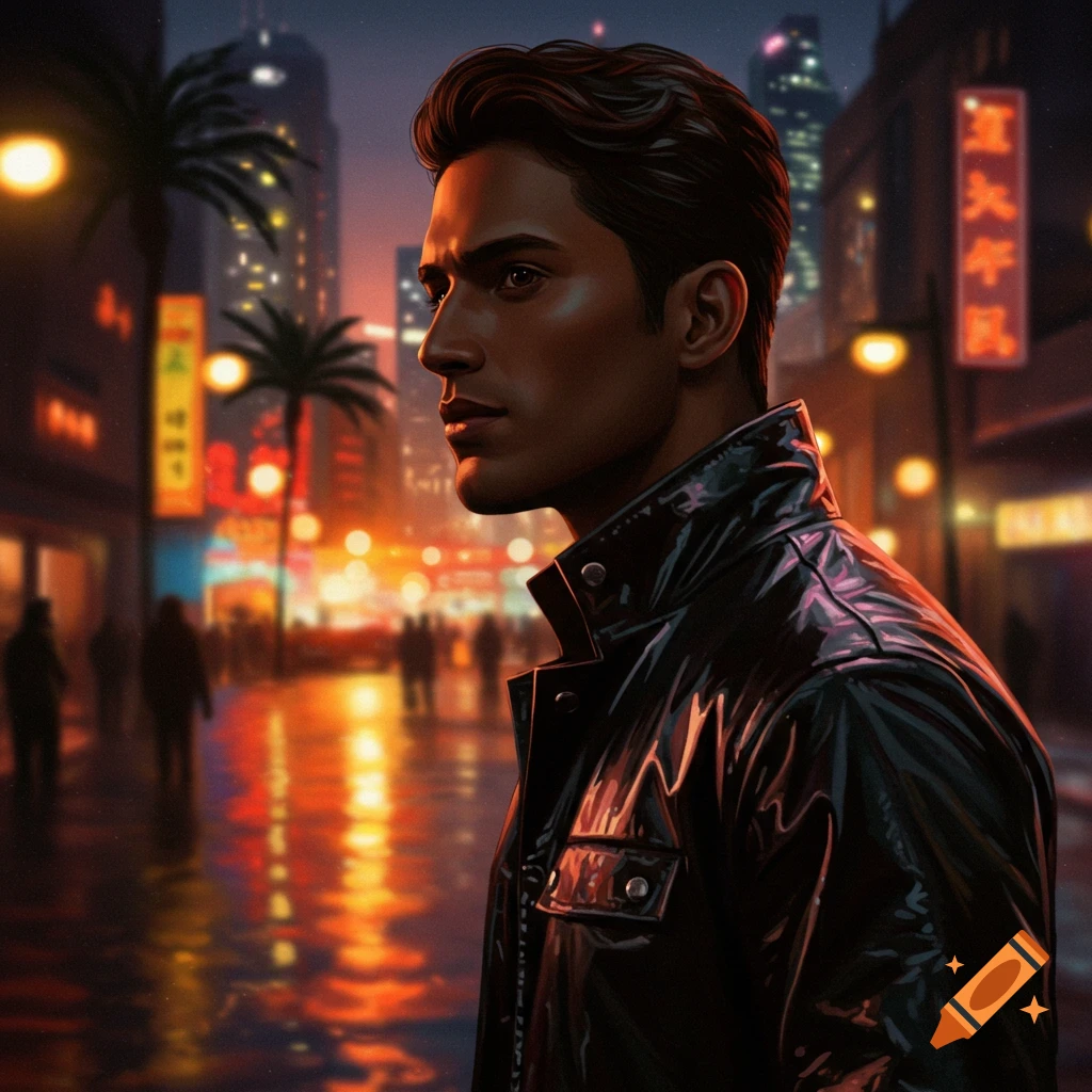 A man with dark hair and olive skin in a leather jacket stands in a neon-lit city street at night, looking to the side.
