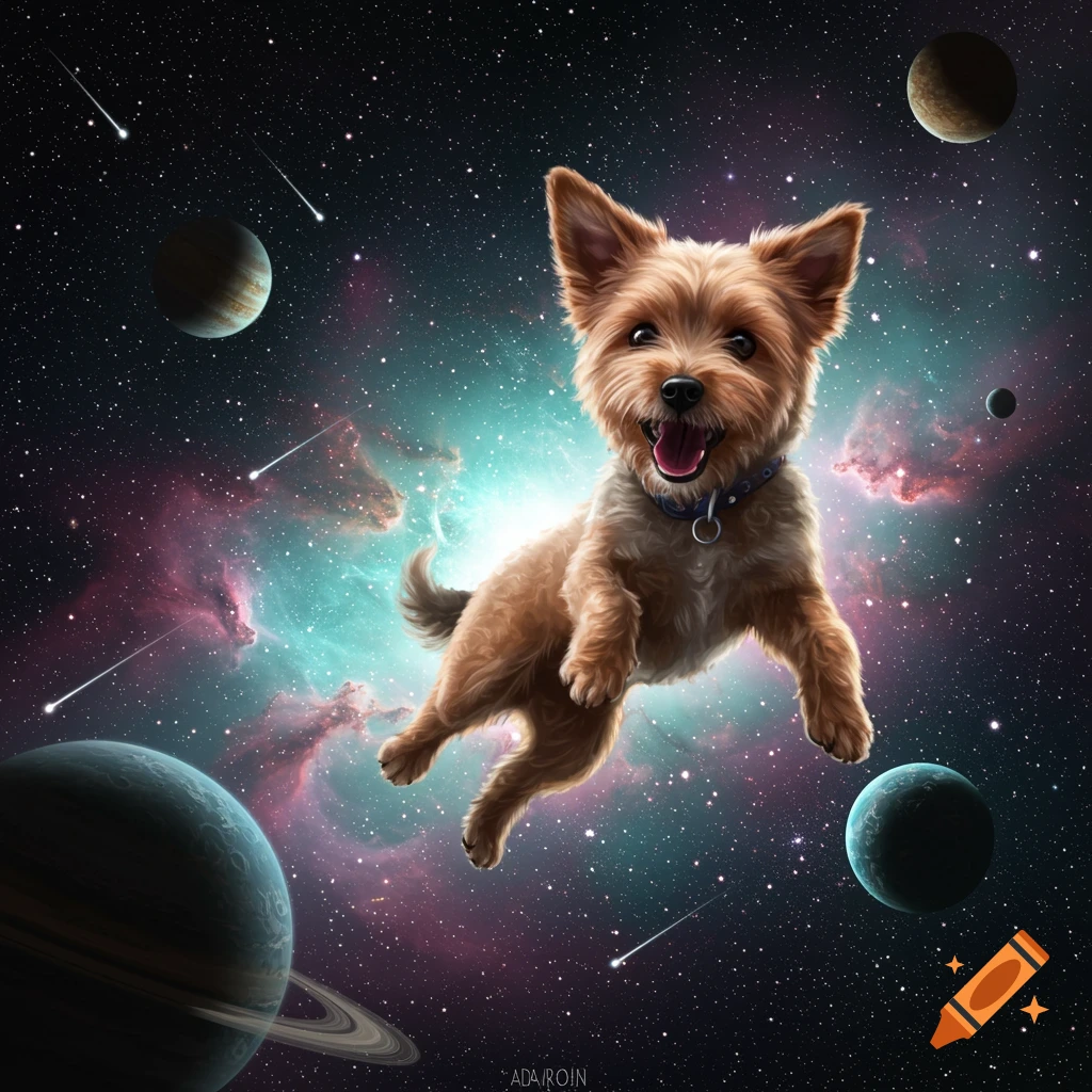 A fluffy brown dog with a blue collar floats happily in outer space, surrounded by planets, stars, and a colorful nebula.