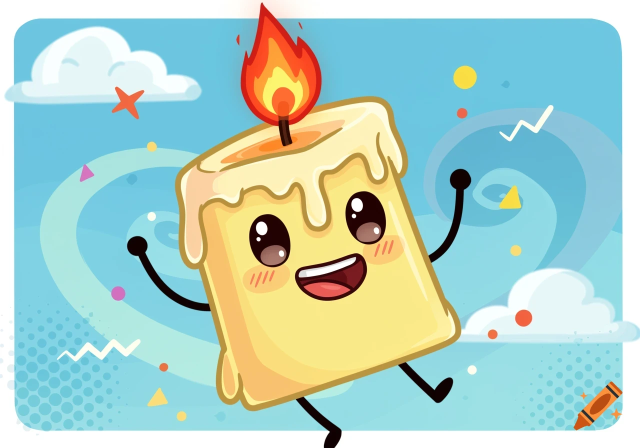 A happy cartoon candle with a melting wax top, big eyes, and outstretched arms floats against a blue sky with white clouds and colorful confetti-like shapes.