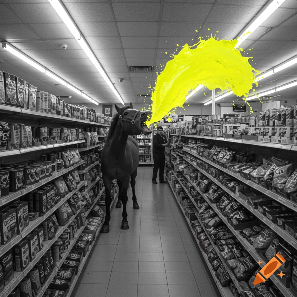 A black and white image of a horse standing in a convenience store aisle, spewing a large, bright yellow liquid splash from its mouth.