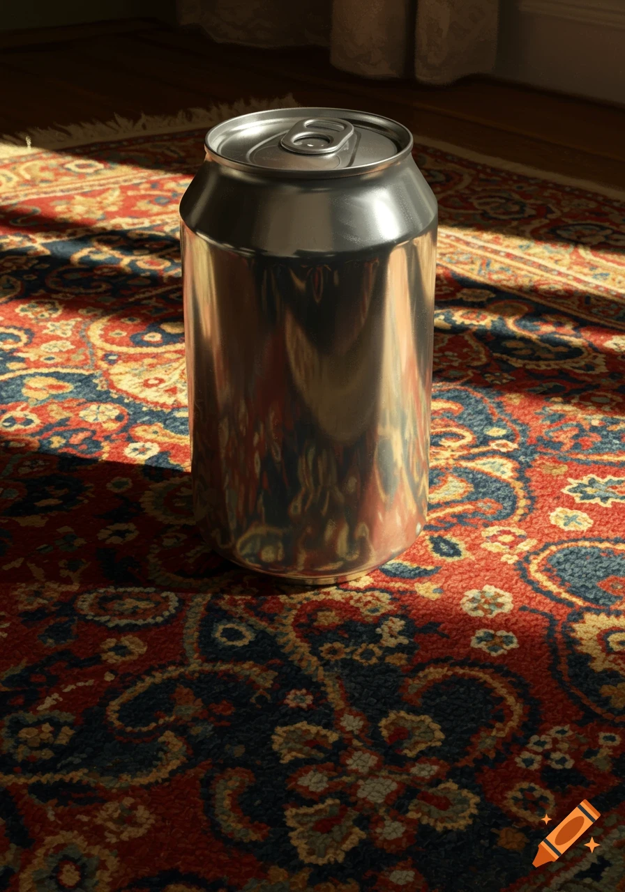 Photorealistic still life of a silver aluminum can standing on a patterned red and blue Persian rug in sunlight.