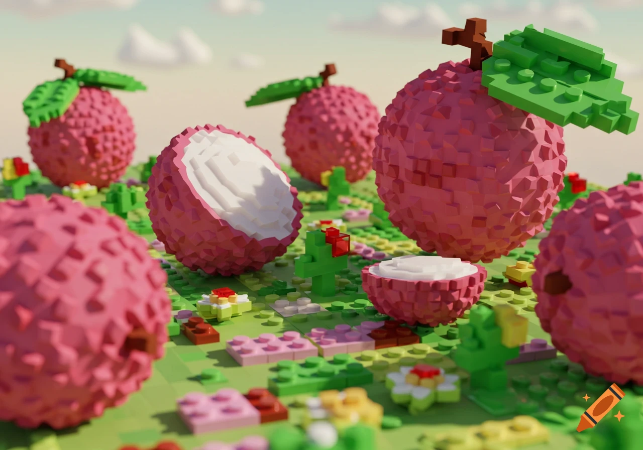 Voxel art image of lychee fruits, some whole and cut open, on a blocky green garden ground under a clear sky.