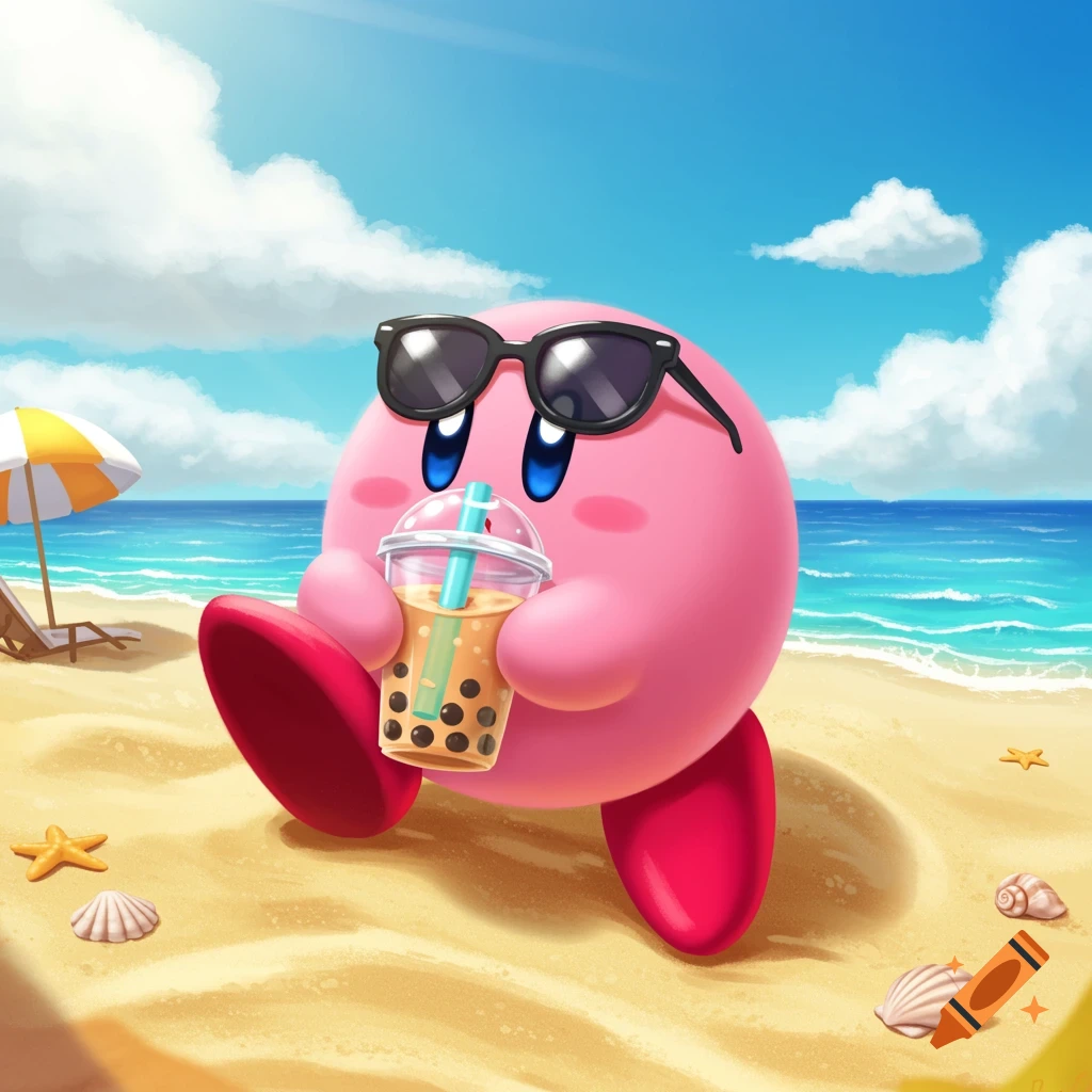 Kirby, wearing black sunglasses, relaxes on a sandy beach while holding a boba tea drink. Ocean and clouds in the background.