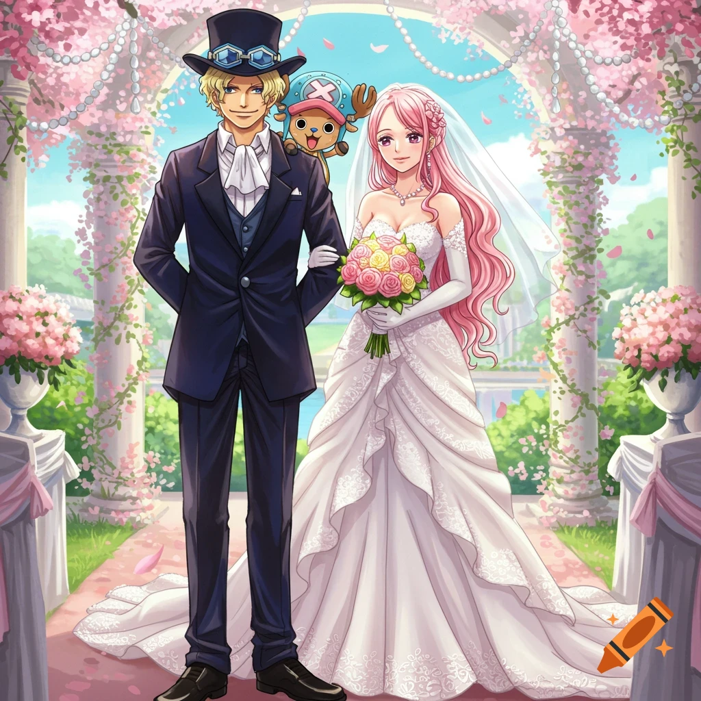 Anime illustration of Sabo in a tuxedo and a pink-haired woman in a wedding dress, with Tony Tony Chopper on Sabo's shoulder, under a flower-covered arch.