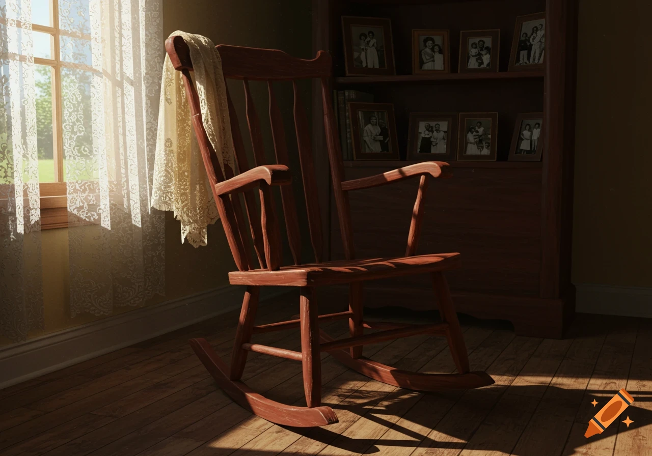 A photorealistic image of a wooden rocking chair with a white lace shawl draped over it, bathed in sunlight from a nearby window, with a bookshelf filled with framed photos in the background.