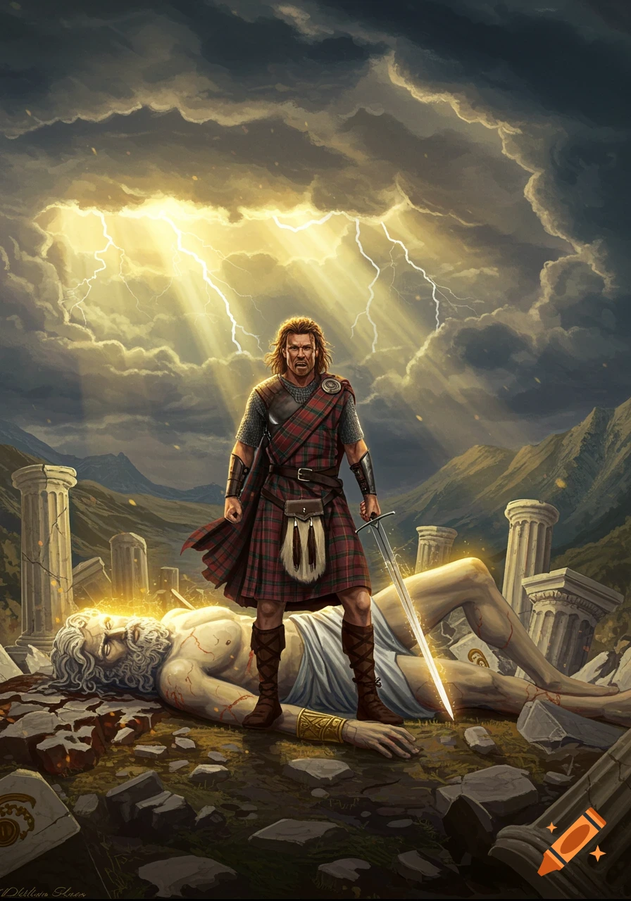 A muscular man in a red tartan kilt and chainmail stands triumphantly with a sword over a defeated giant god amidst ancient ruins and a stormy, lightning-filled sky.