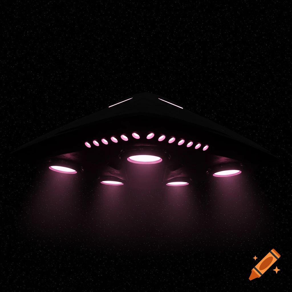 A black triangular UFO hovers in dark space, casting pink light from its underside. Small stars dot the background.