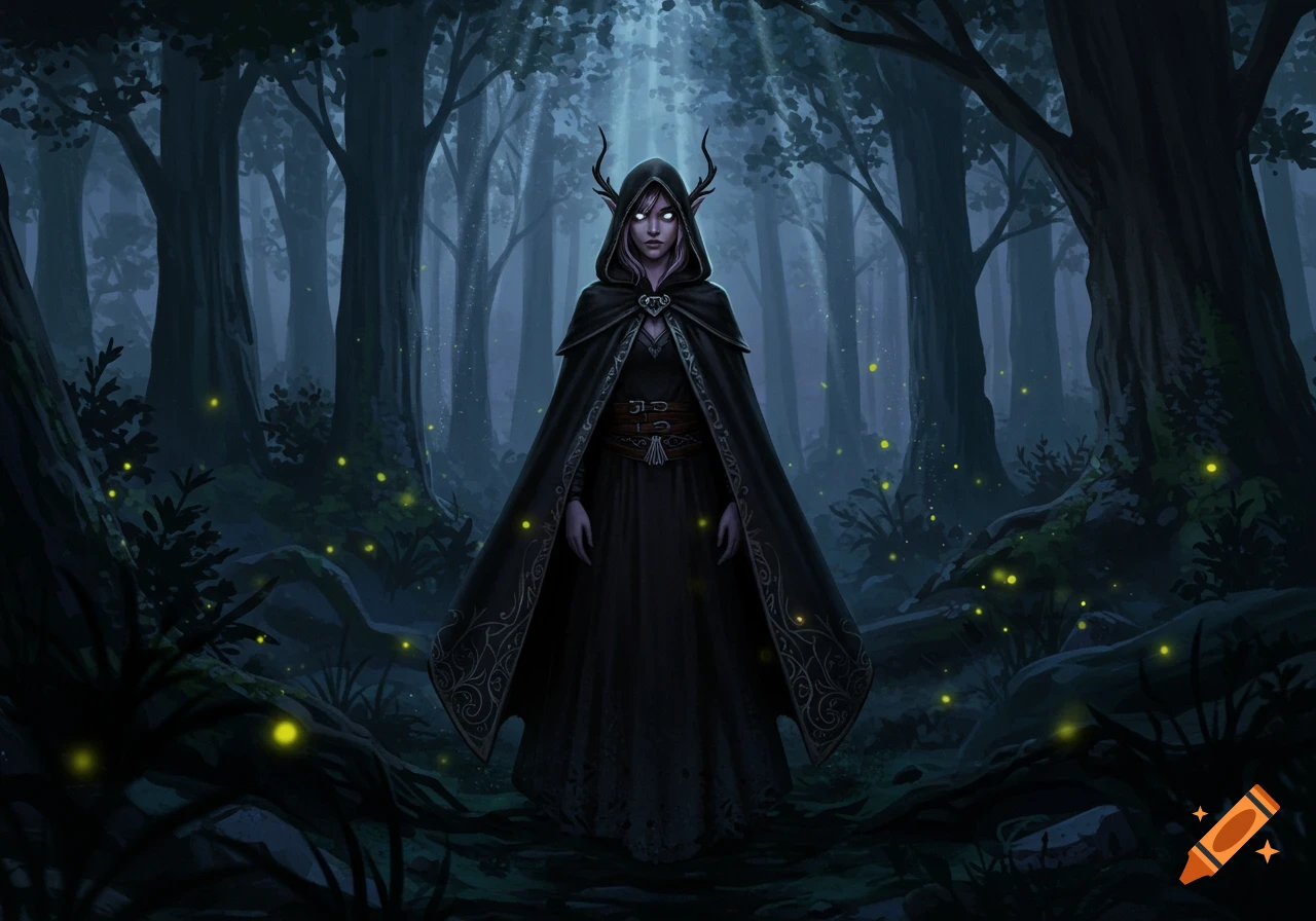 A hooded fantasy character with glowing eyes and small antlers stands in a mystical, dark forest filled with glowing fireflies.