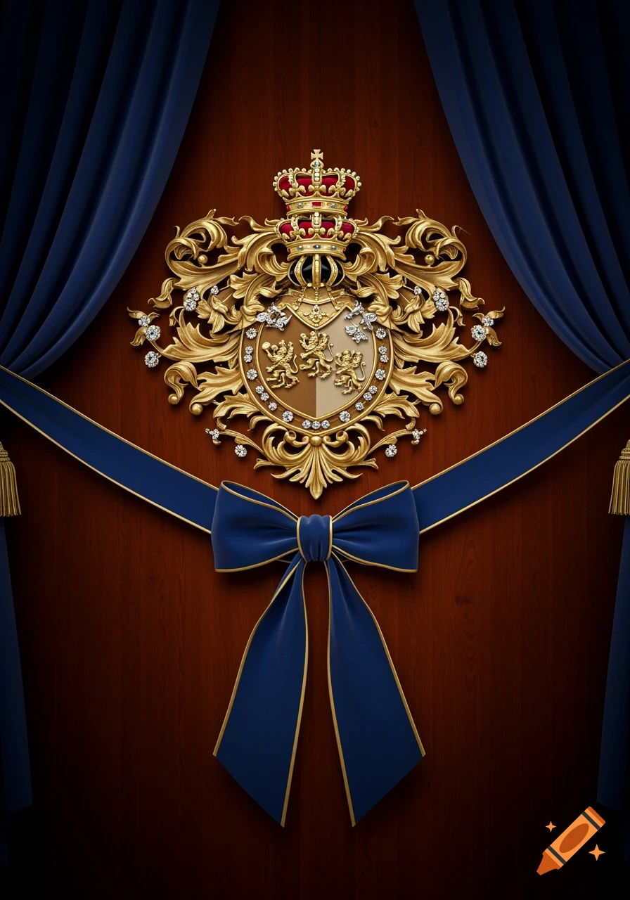 A golden royal crest with a crown, jewels, and lions is centered on a wooden background with blue curtains and a blue ribbon bow.
