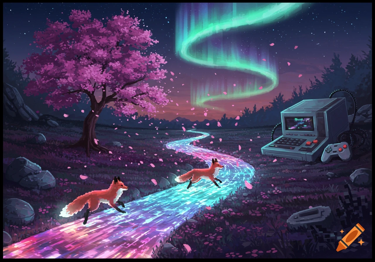 Two pixelated foxes run on a glowing rainbow path through a night landscape with a cherry blossom tree, aurora borealis, and retro computer.
