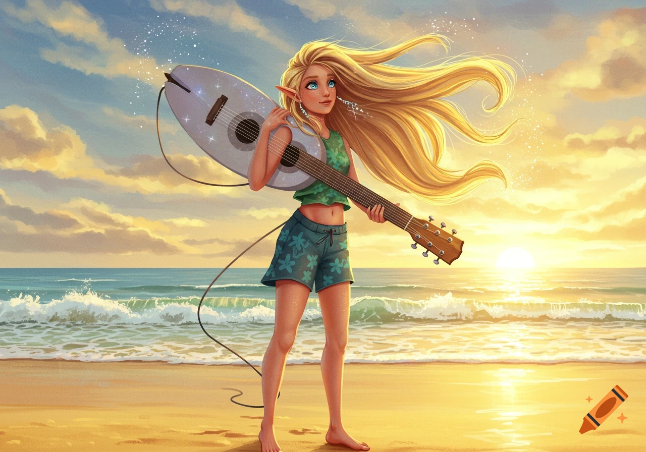 A stylized illustration of a blonde elf girl holding a surfboard-shaped guitar on a beach at sunset.