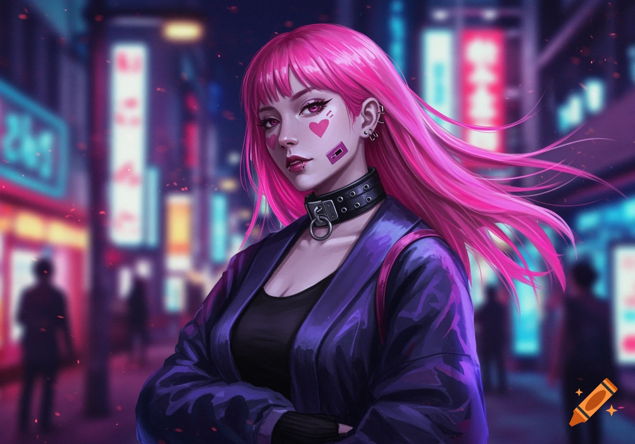 A Japanese woman with bright pink hair, a choker, and heart-shaped makeup stands in a neon-lit cyberpunk city street.