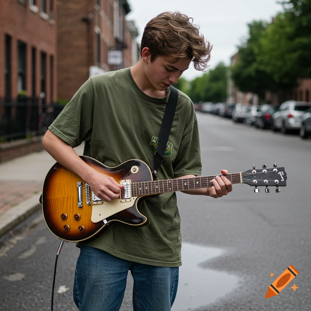 A teenage boy in an oversized green t-shirt and baggy jeans plays a sunburst electric guitar on a city street.