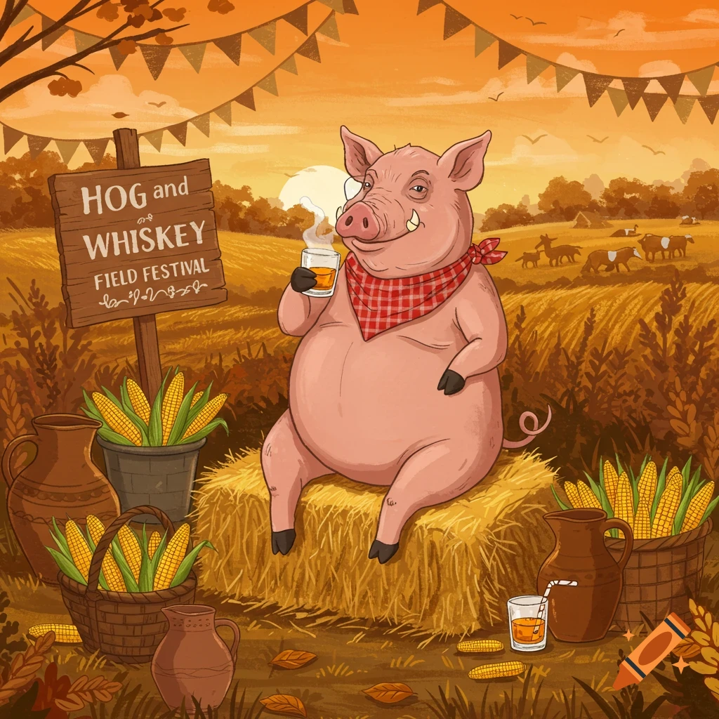 A cartoon pig in a red bandana sits on a hay bale, drinking whiskey at a field festival, with a sign reading 'HOG and WHISKEY FIELD FESTIVAL' and corn stalks around.