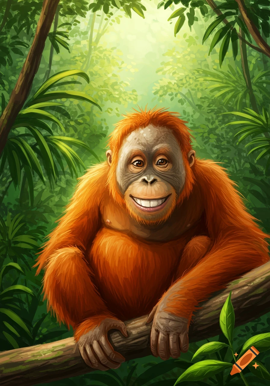 A vibrant illustration of a smiling orangutan sitting on a branch in a lush green jungle.