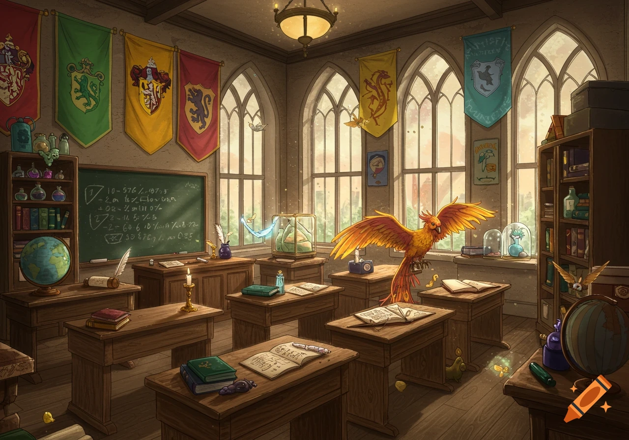 A vibrant, illustrated magical classroom with Hogwarts-style banners, wooden desks, open books, a blackboard, and a large phoenix perched on a desk.