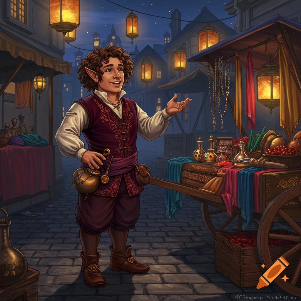 A smiling halfling merchant gestures beside his ornate cart laden with goods in a detailed fantasy night market.