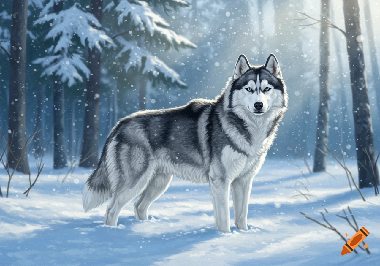 A majestic husky with blue eyes stands in a snowy forest with falling snow and sunlit trees.
