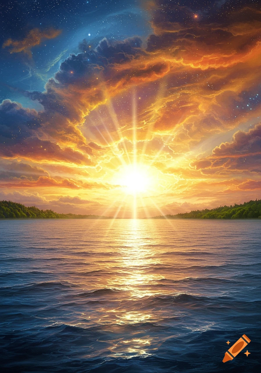 A vibrant sunset over a calm body of water, with a starry sky, fiery clouds, and bright sunbeams reflecting on the surface.