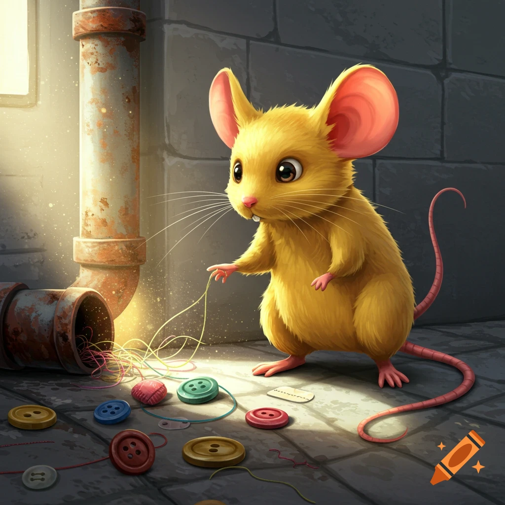 A cute yellow cartoon mouse plays with colorful buttons and threads on a stone floor in a ray of light.