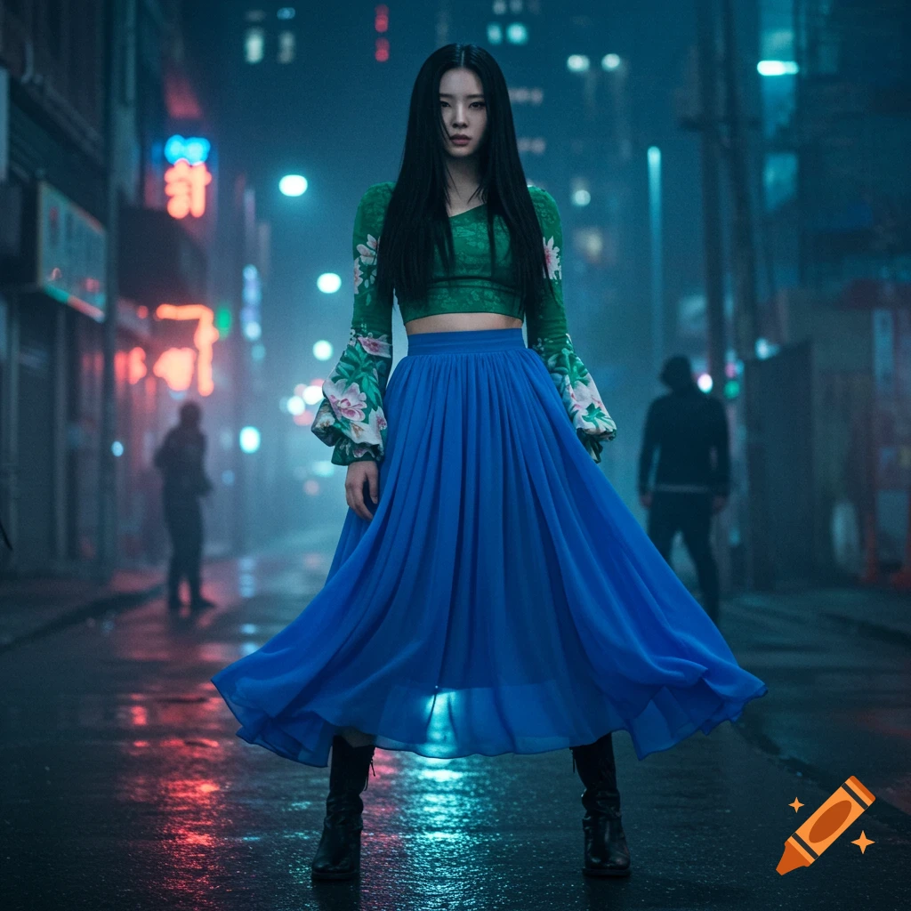 A woman with long black hair, wearing a green floral crop top, blue flowing skirt, and black boots, stands on a wet city street at night amidst neon lights.