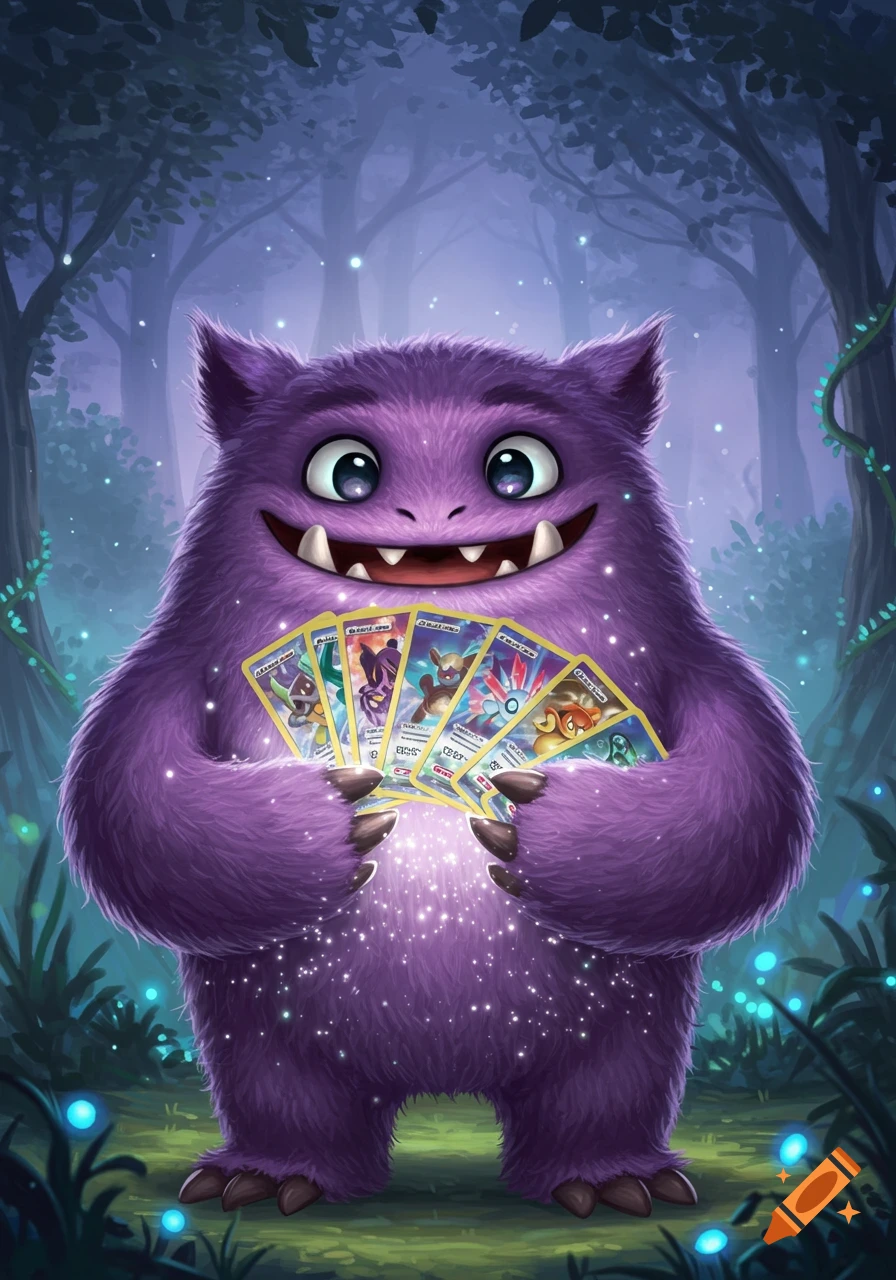 A friendly purple furry monster with big eyes and fangs holds a fan of glowing trading cards in a dark, magical forest.