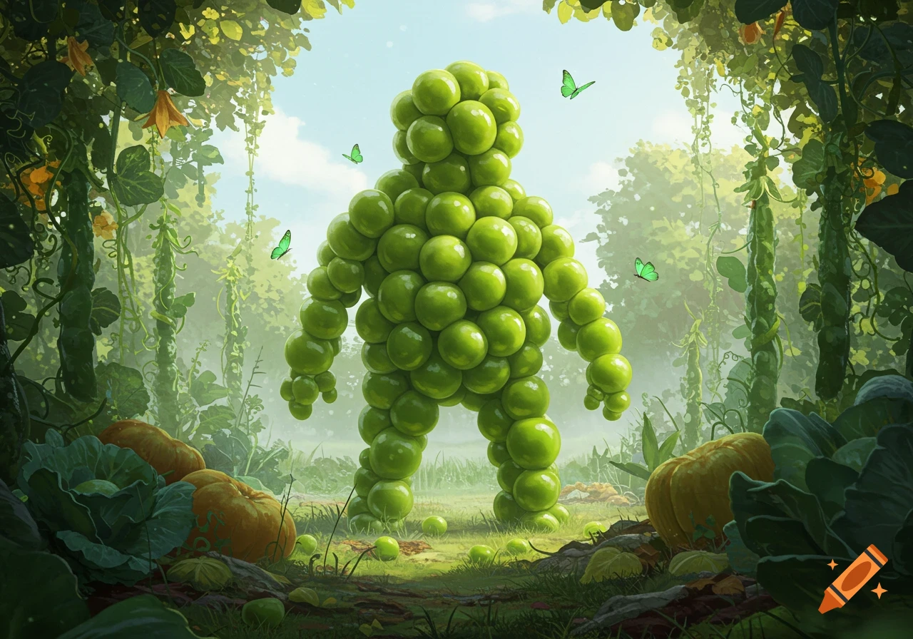 A large creature made of green peas stands in a vibrant, lush forest garden with pumpkins and cabbages. Green butterflies fly nearby.