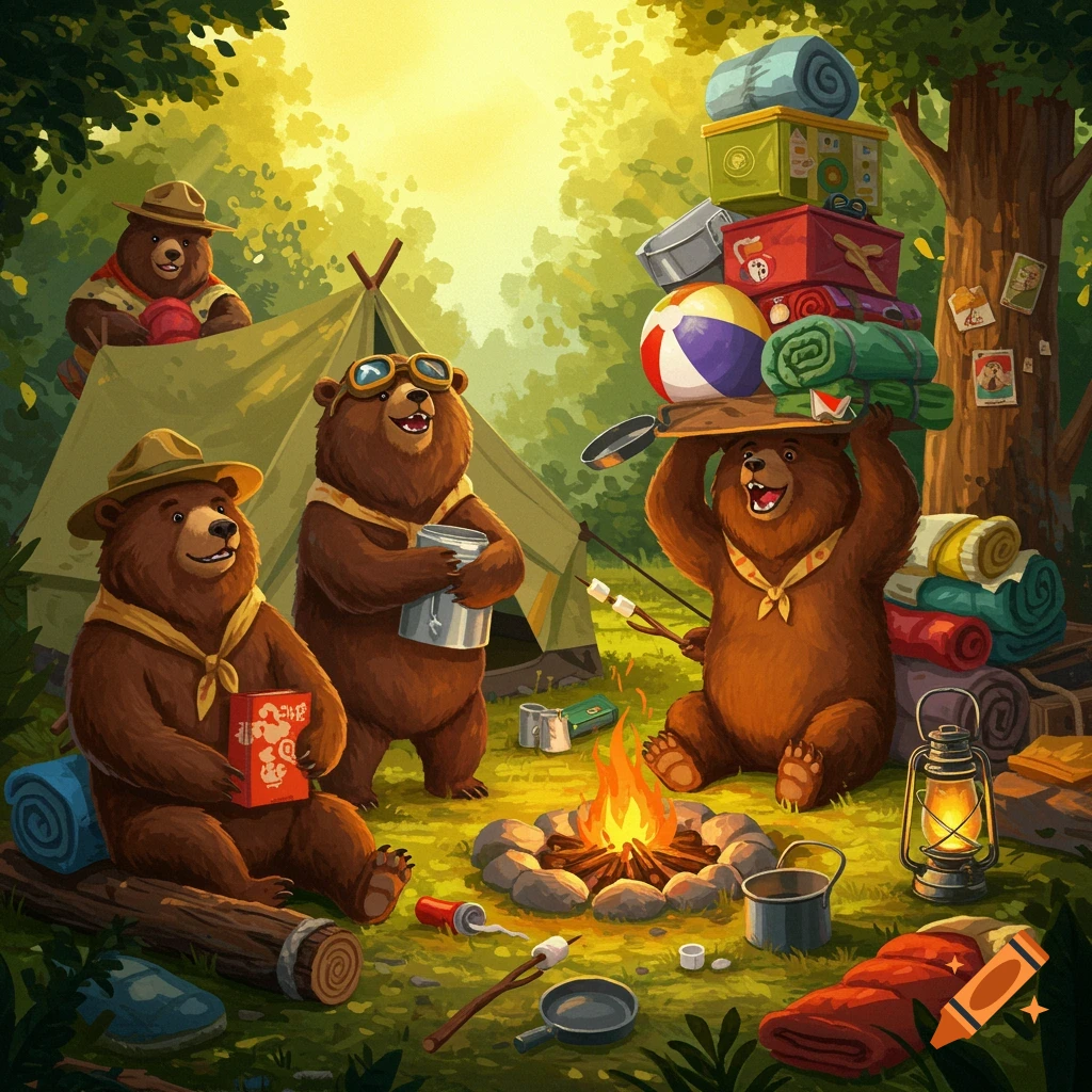 Cartoon bears camping in a forest, with a campfire, tent, and camping gear. One bear reads a book, another carries supplies.