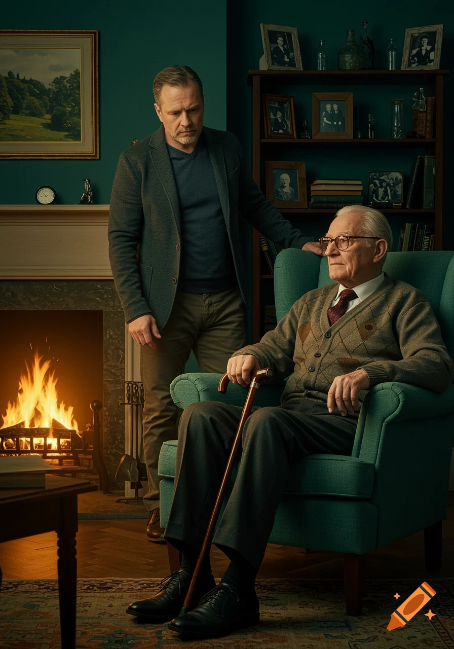 A younger man stands behind an older man sitting in a green armchair in a cozy living room with a fireplace.