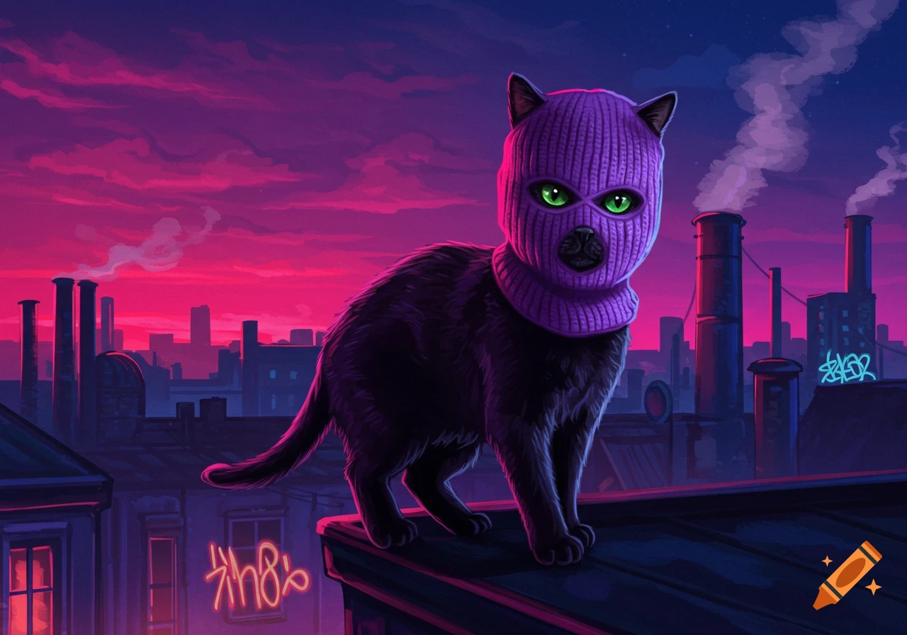 A black cat in a purple ski mask with bright green eyes stands on a rooftop against a vibrant pink and purple cityscape at sunset.