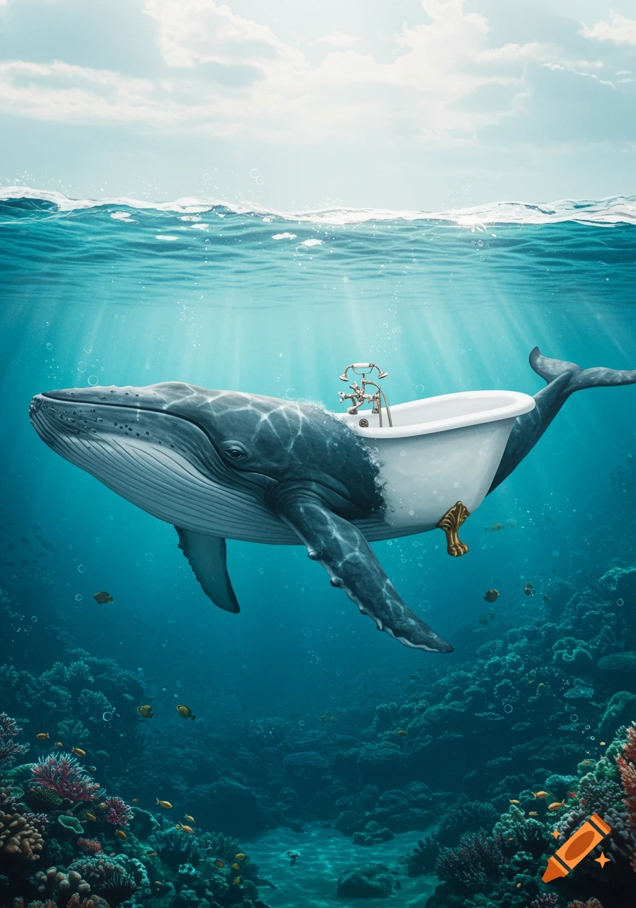 A large whale with a white clawfoot bathtub for a body swims underwater, surrounded by coral and small fish and sunlight.